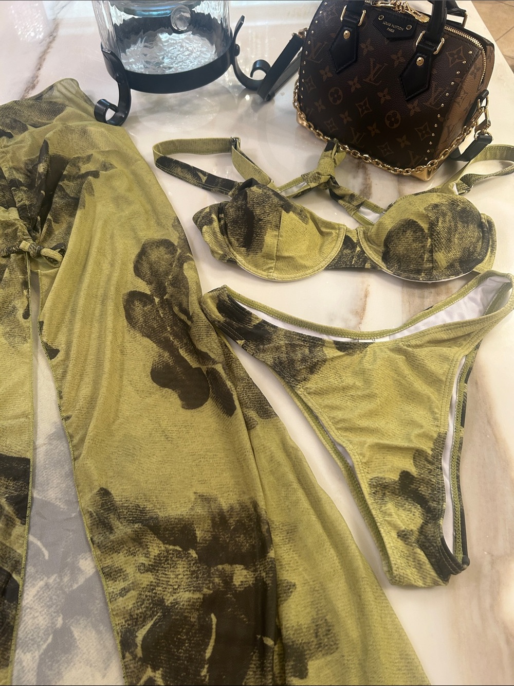 SHEIN Olive Tie-Dye Underwire Bikini Set with Sheer Cover-Up